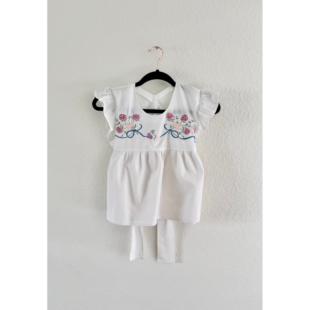 Vintage Handmade Floral Embroidered Blouse Women XS White Flutter Sleeve